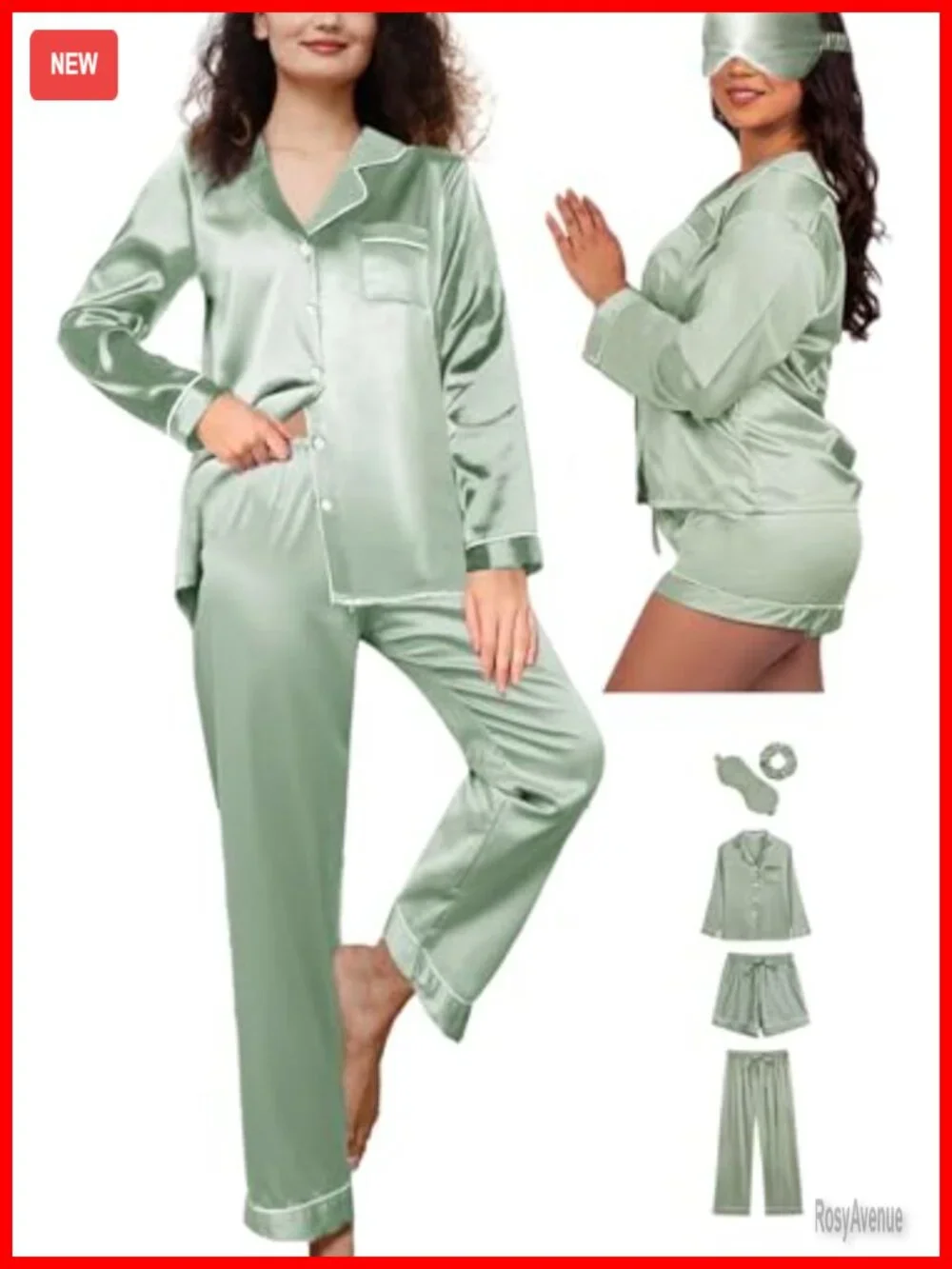 5 Piece Womens Silk Satin Pajama Set Button Down Pjs Set Loungewear Sleepwear